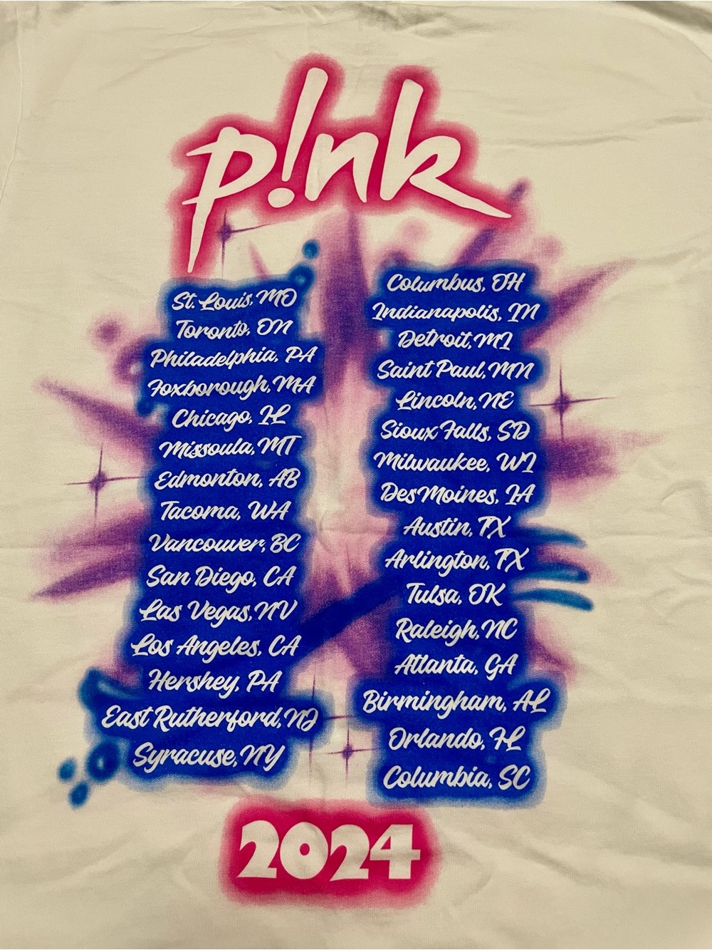 P!NK Summer Carnival 2024 Concert Tour T-Shirt Small Graphic Back Cities White